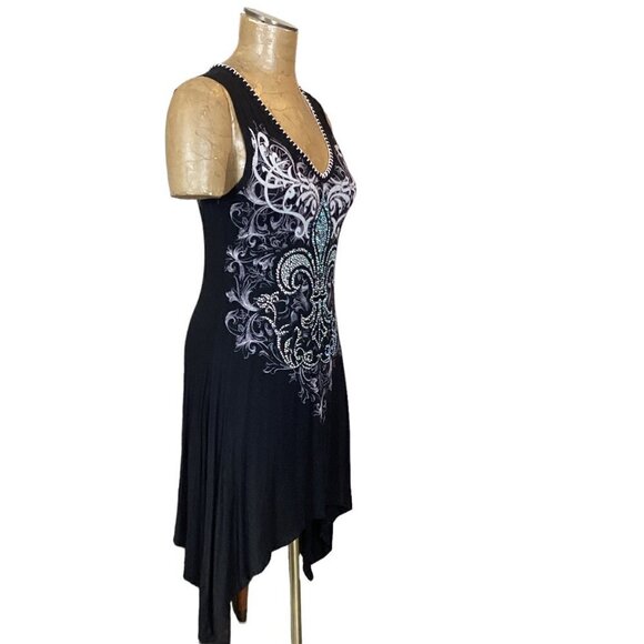 Vocal USA Sleeveless Graphic Beaded Dress Black Sharkbite Hem 262i - Picture 3 of 7